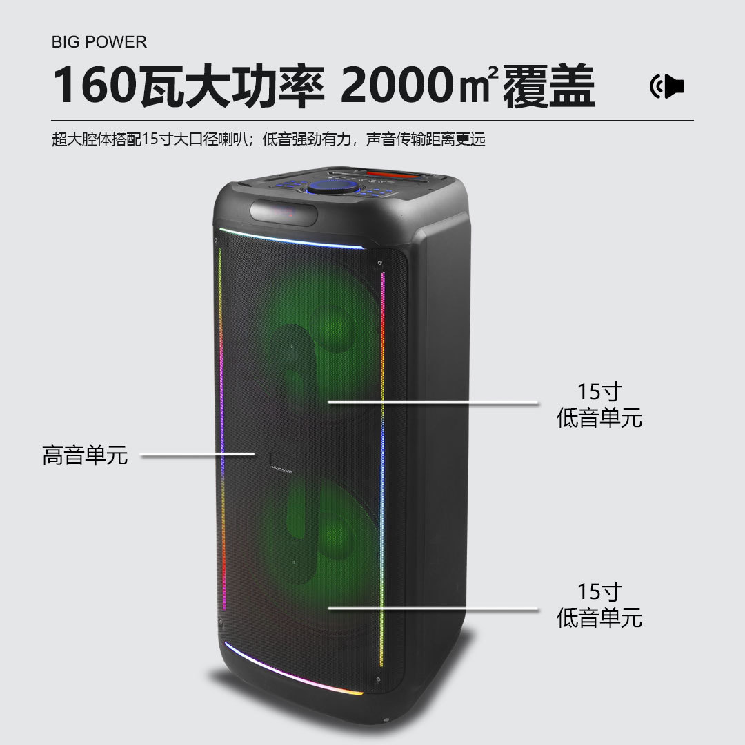 New product RX-15208 dual 15-inch speaker high-power Bluetooth speaker, outdoor 160-watt high-volume basket tooth audio system pic 6