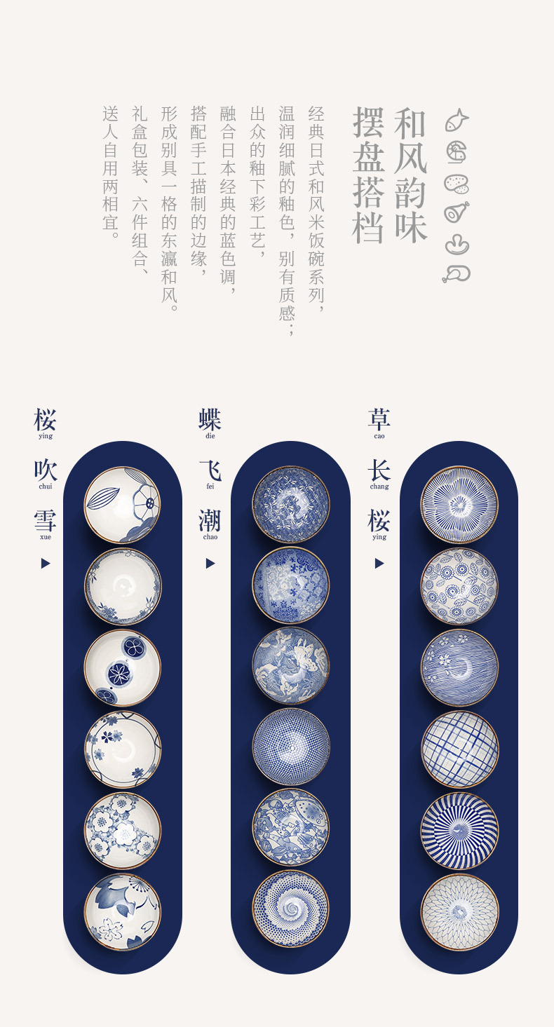 Japanese-style retro six-bowl set of high-temperature underglaze ceramic tableware for gifting and home group purchase pic 2