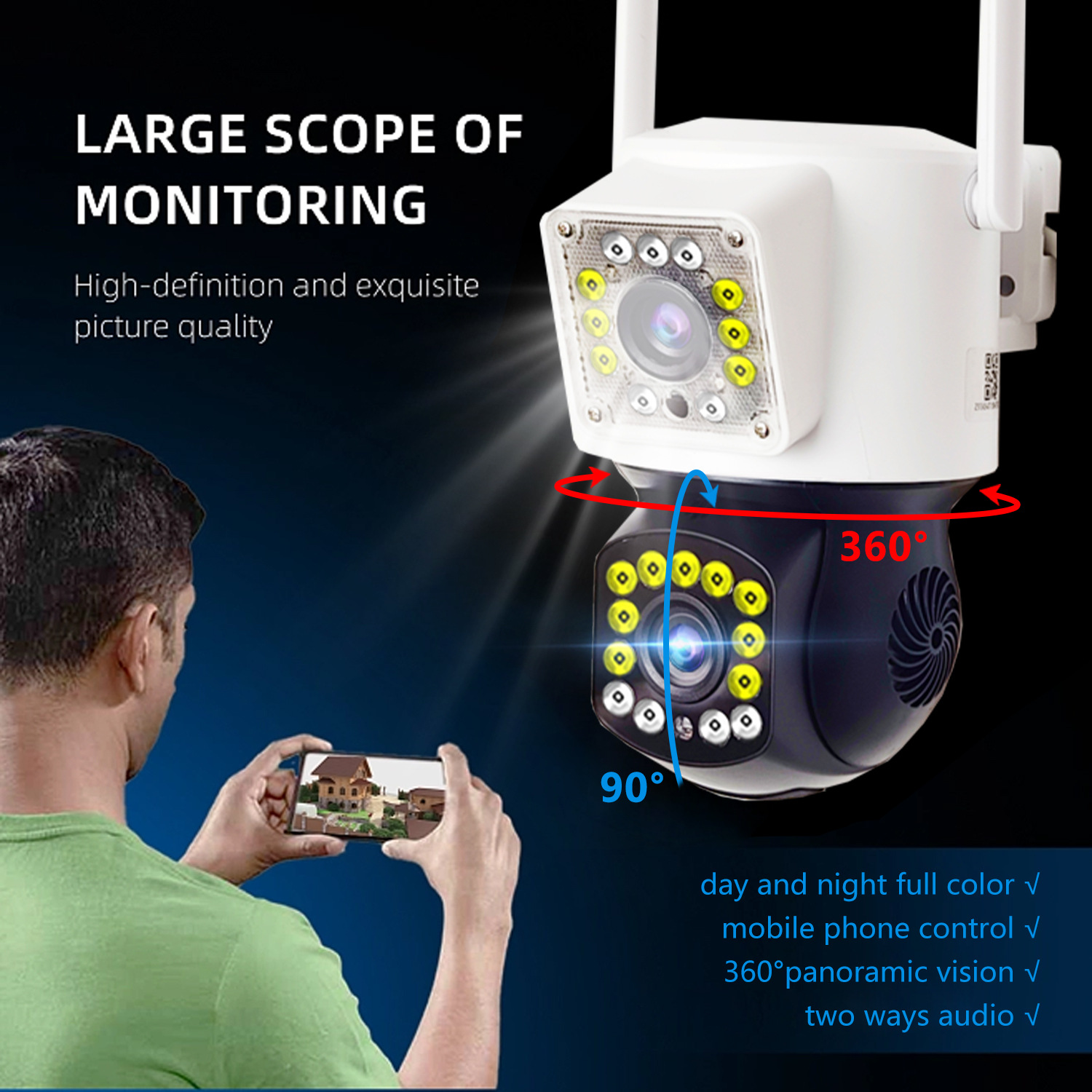 Cross-border panoramic no-blind spot monitor, outdoor mobile phone remote dual wide-angle dual-screen gun-ball linkage camera pic 2