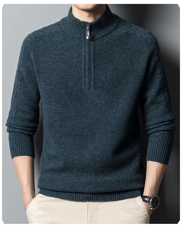 New autumn and winter 100% pure wool sweater for men, thickened semi-high neck zipper wool pullover business knitted sweater pic 13
