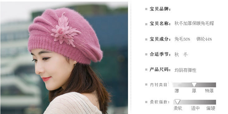 Otoño invierno mamá sombrero moda versátil flor conejo sombrero de lana engrosada boina térmica sombrero de lana de punto pic 2