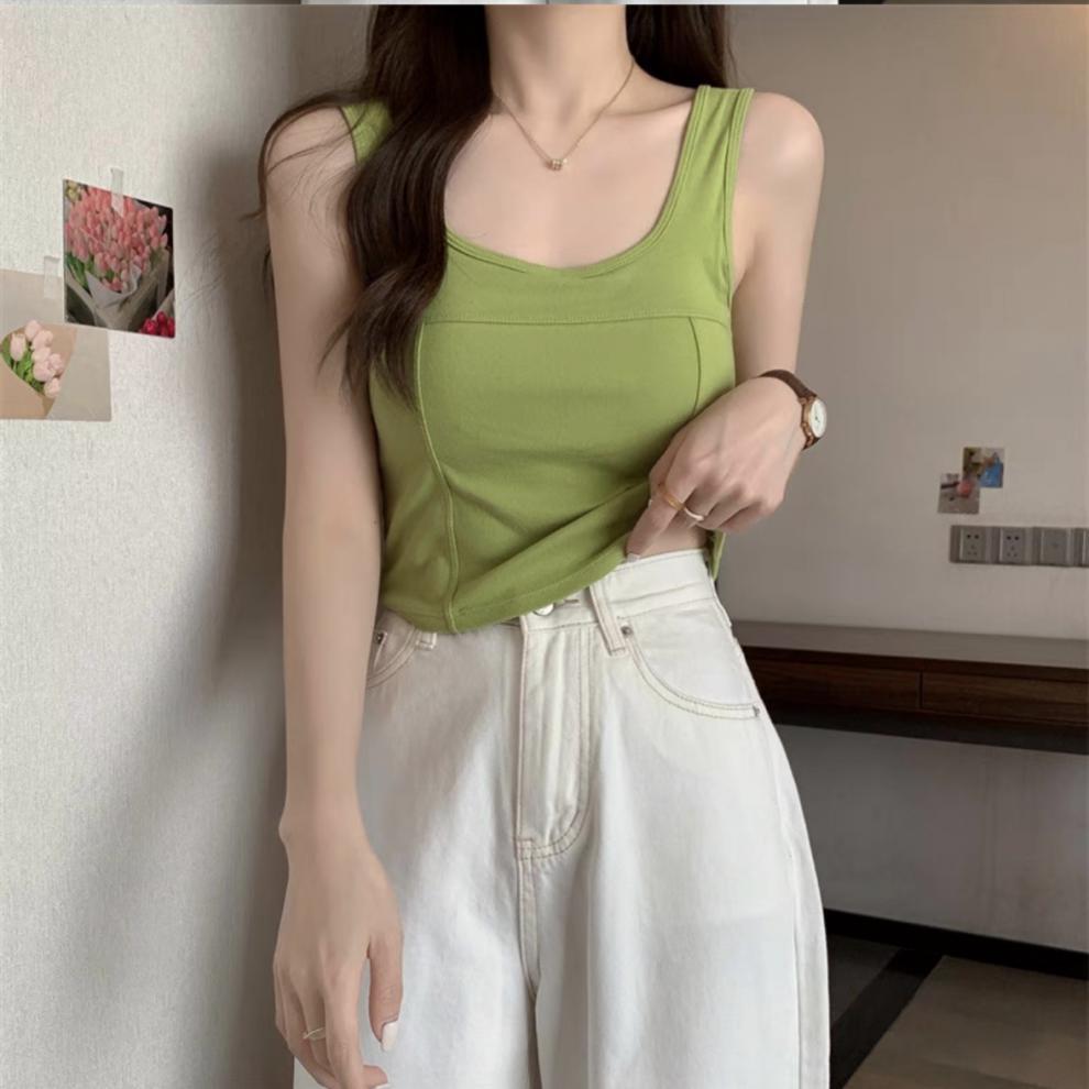 纯棉吊带背心女美背简约百搭小清新带胸垫一体修身打底外穿抹胸详情23