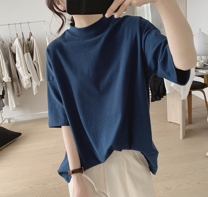 琪镌绘制半高领t恤女式春夏季新款宽松显瘦韩版简约半袖减龄棉质详情15