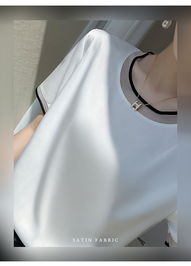 夏季新款仿真丝缎面网纱拼接圆领显瘦短袖T恤上衣女桑蚕丝百搭潮详情36