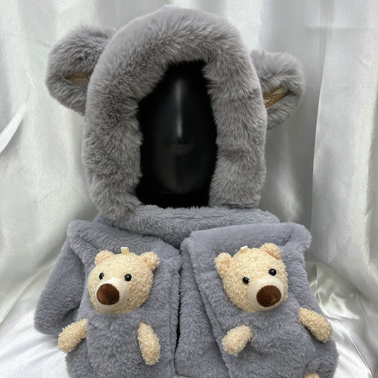 A three-piece warm set featuring a solid color, versatile, cute little bear M ears, hooded gloves and a scarf for women in autumn and winter pic 9