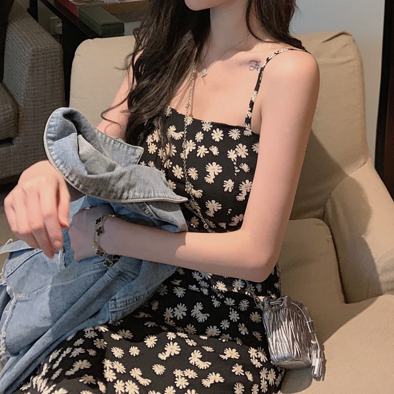 2020新款夏季小雏菊印花少女露肩雪纺吊带裙中长款系带显瘦连衣裙详情11