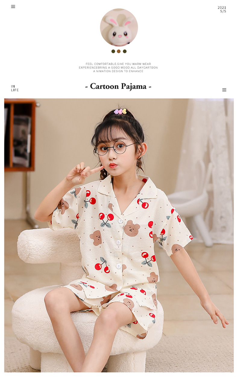 2023女童睡衣儿童夏季短袖短裤泡泡绉布套装女孩开衫大童家居服夏详情33