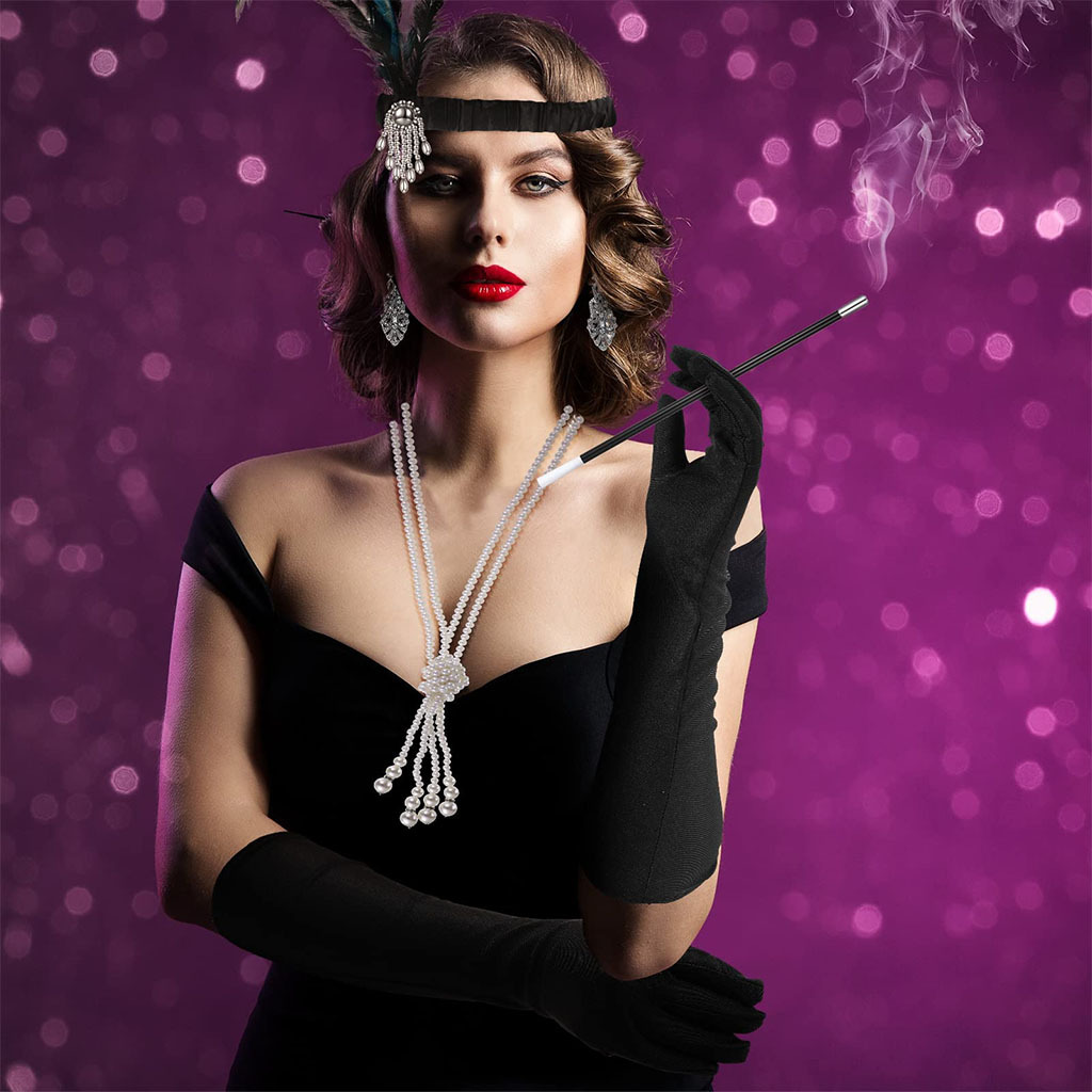 Gatsby Party Feather alloy headband, pearl necklace, cigarette stick glove set, retro Hepburn outfit accessories pic 21