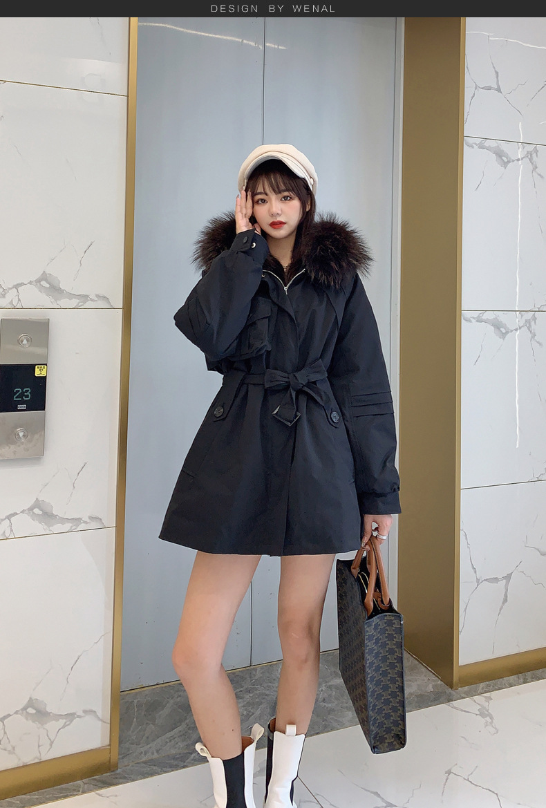 This is a mid-length winter Korean-style fashionable lace-up jacket with a cinched waist and a stylish large fur collar, designed with a rabbit fur inner liner pic 6