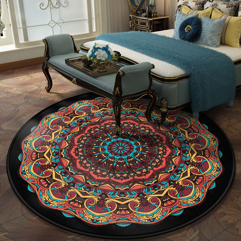 Cross-border ethnic wind round floor mat alfombra cristal de peluche mandala estampada mesa de centro cesta colgante sala de estar hogar pic 3