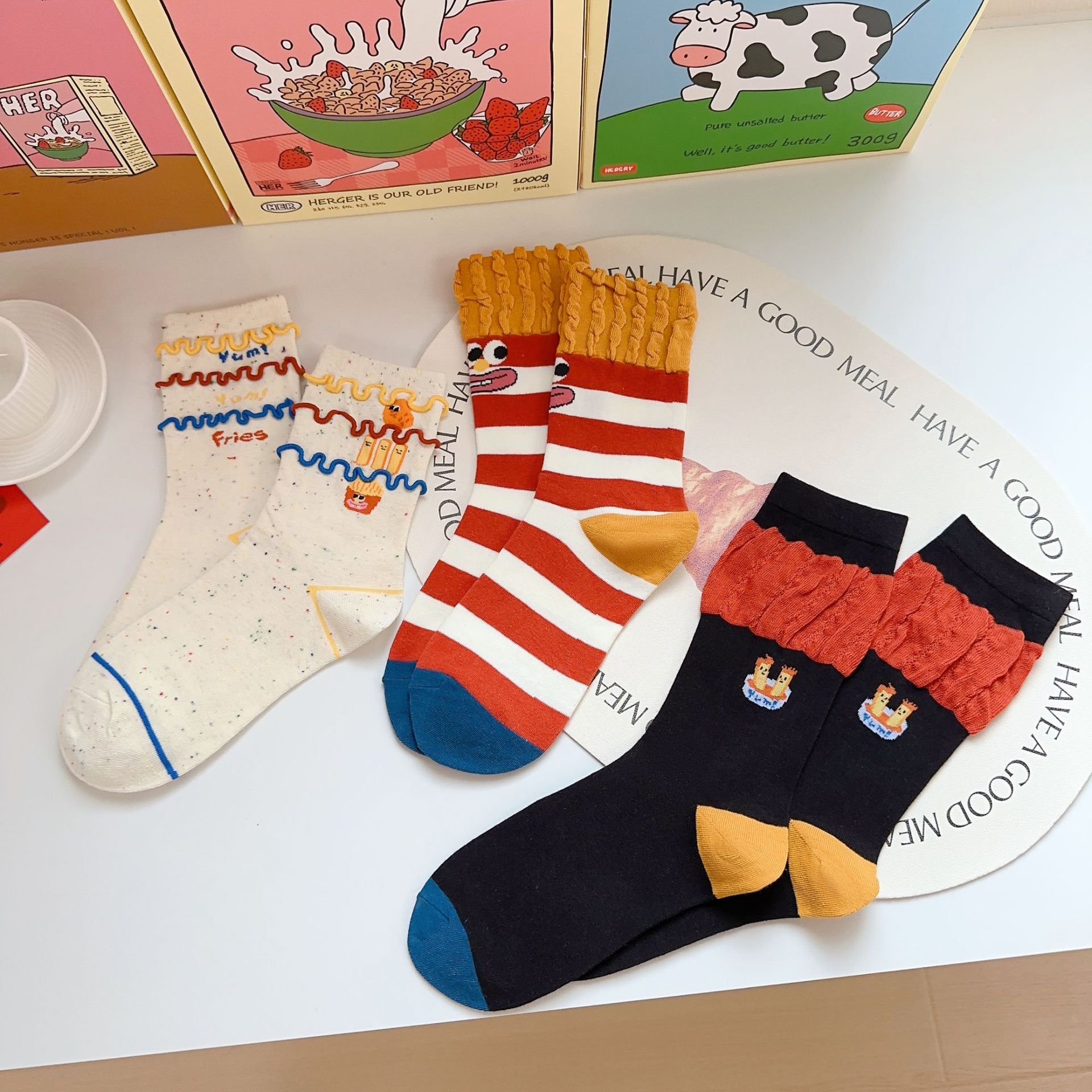 搞怪薯条袜子女春夏新款中筒袜可爱卡通堆堆袜抖音爆款 独立包装详情1