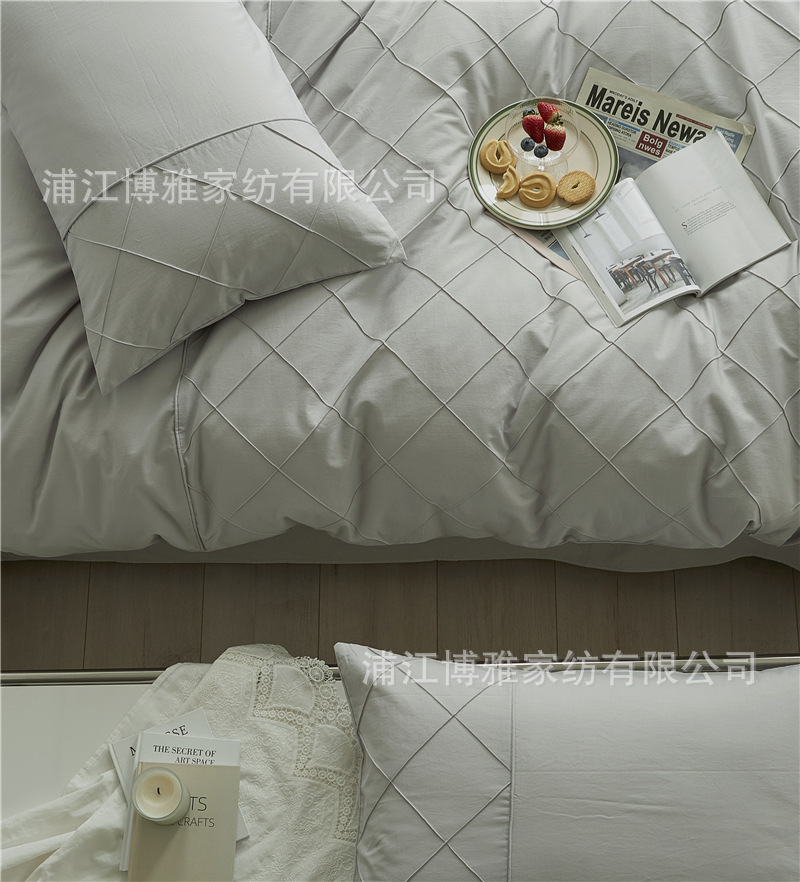 Wholesale of high-quality three or four-piece sets of washed cotton 40-count hand-knitted rhombus-shaped checkered plain pure cotton bedding pic 59