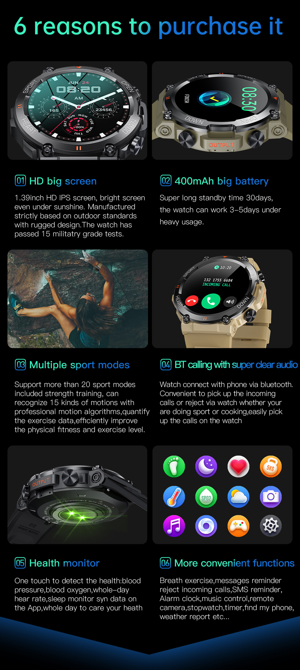 The new K56PRO three-proof communication smartwatch features music, weather, 1.39 inches heart rate, blood pressure and blood oxygen pic 3