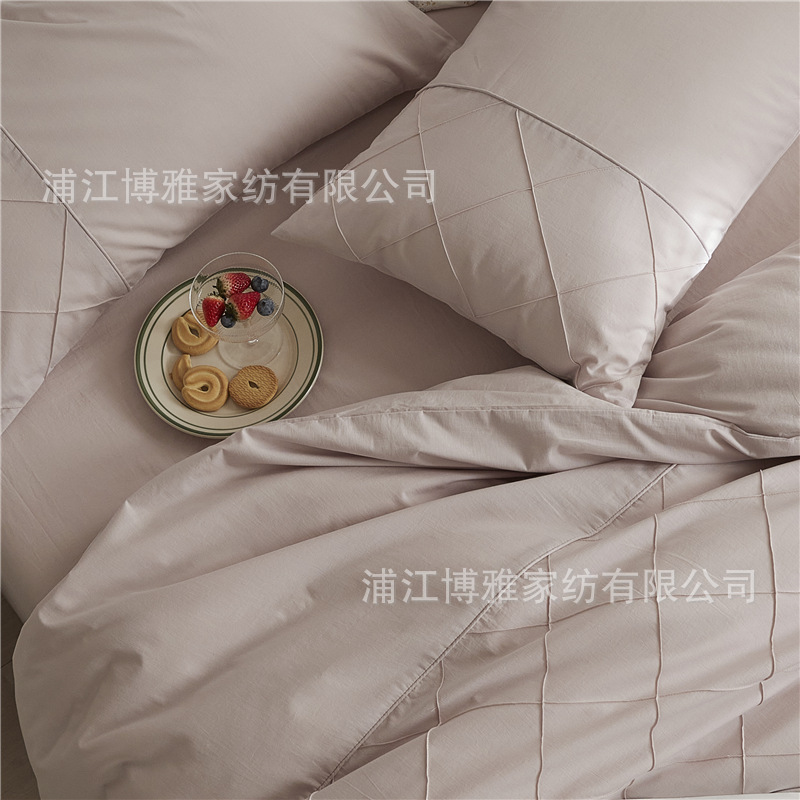 Wholesale of high-quality three or four-piece sets of washed cotton 40-count hand-knitted rhombus-shaped checkered plain pure cotton bedding pic 41