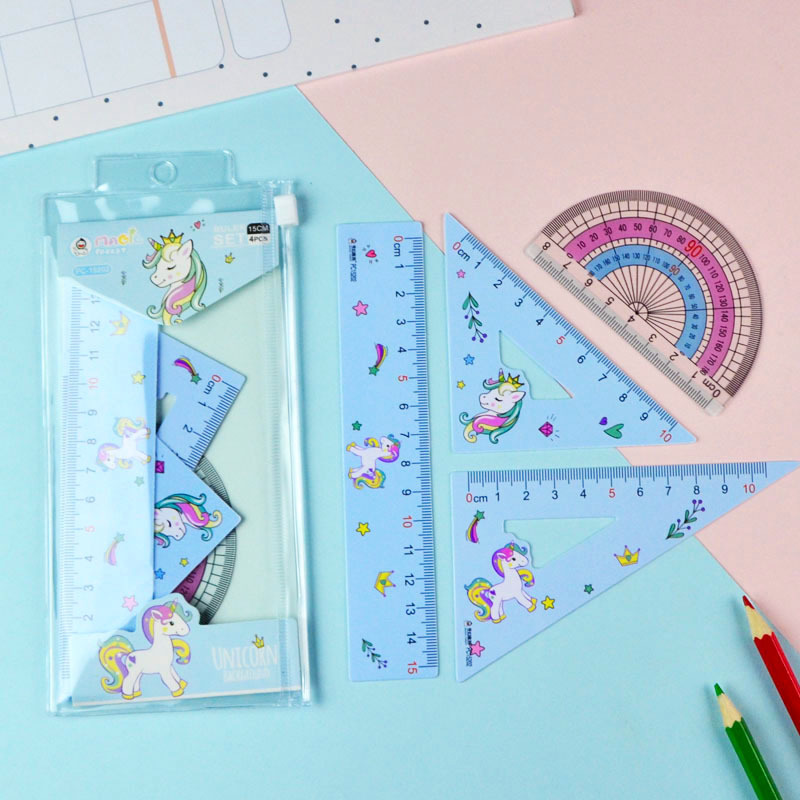Ruler set, Unicorn cartoon student ruler set, 15cm straight ruler, set of set, protractor, 4-piece custom ruler pic 15