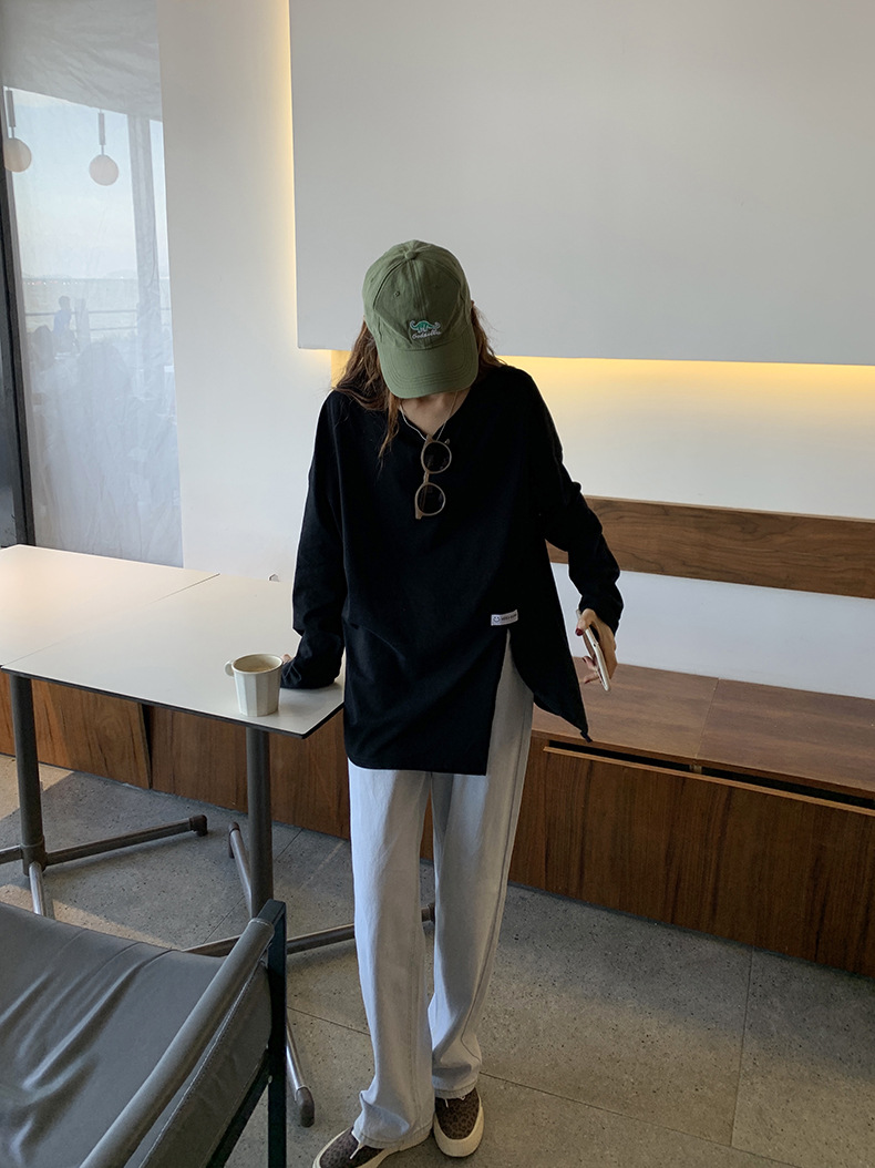 黄峥简约贴标开叉长袖T恤女2022春韩版宽松休闲设计感上衣T85396详情50