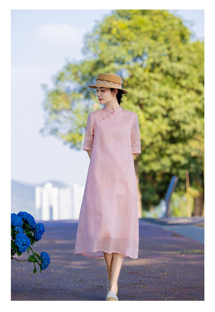 新中式棉麻女装苎麻连衣裙2024春夏新款立领国风复古改良旗袍批发详情11
