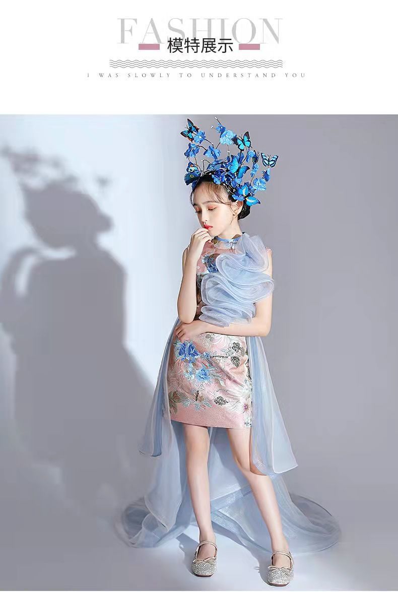 女童旗袍国潮改良夏季主持人儿童模特走秀T台潮装演出服国风礼服详情17