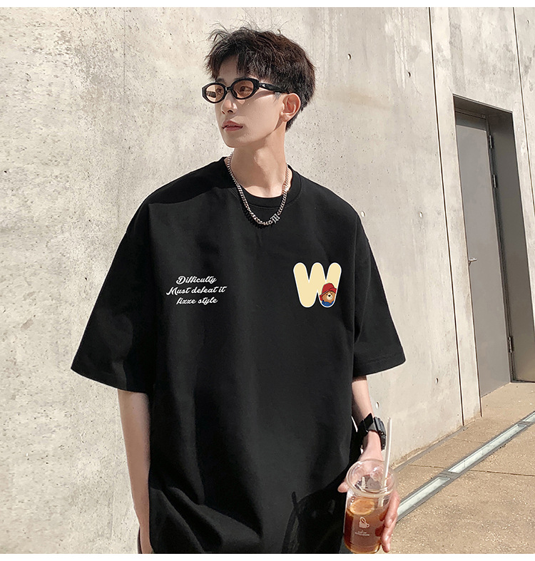 Camiseta de manga corta de estilo americano de algodón pesado hombre verano 2024 nuevo oso estampado estado de moda puerto estilo chico camiseta pic 5
