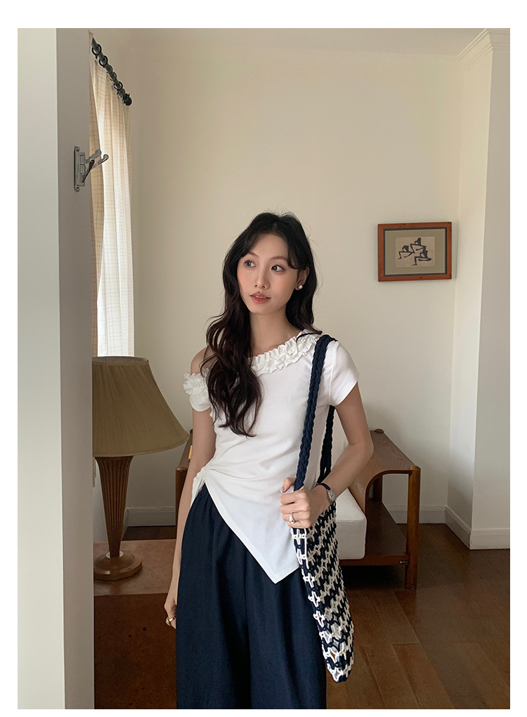 爱西里2025夏季减龄甜美拼木耳花边斜肩下摆不规则短袖T恤女13835详情24