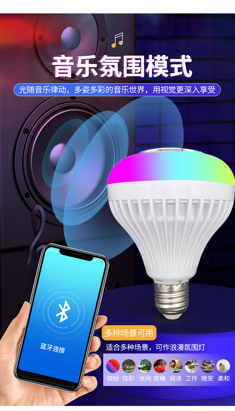 Cross-border wholesale of rgb Bluetooth music bulbs, led bulbs, smart remote control bulbs with speakers, and colorful stage bulbs pic 6