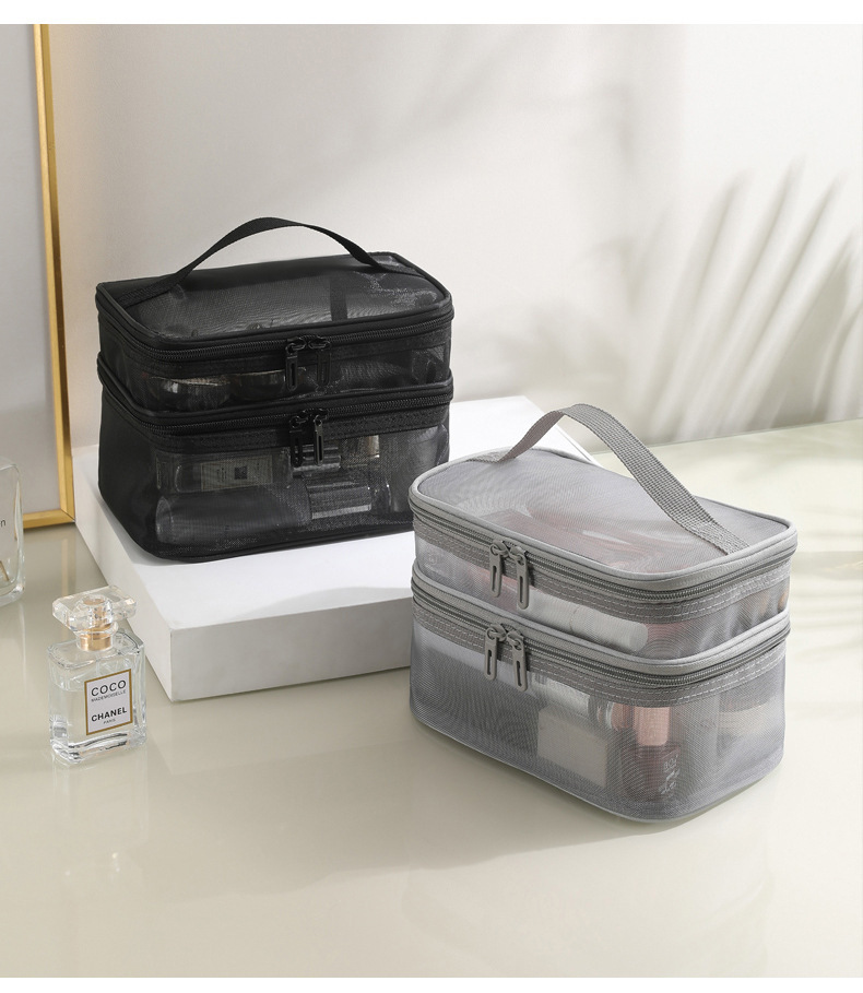 跨境现货新款手提包化妆包便携式透明大容量双层网纱洗漱收纳包袋详情18