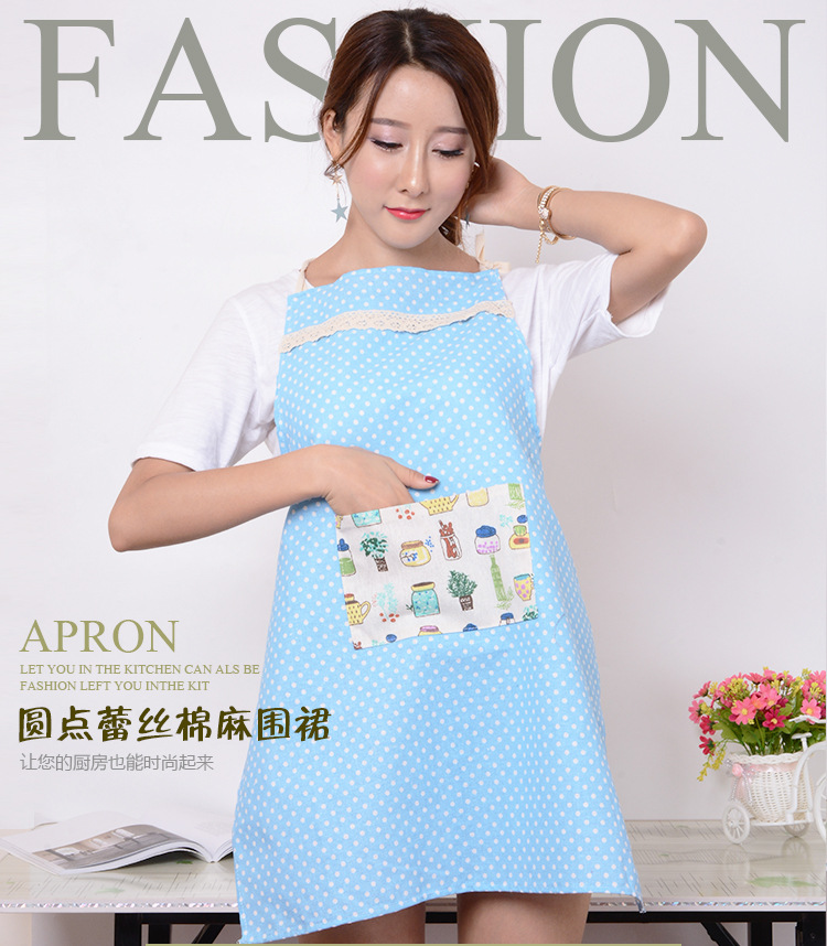 凡趣 圆点蕾丝棉麻围裙 时尚波点挂脖系带无袖居家围裙批发详情1
