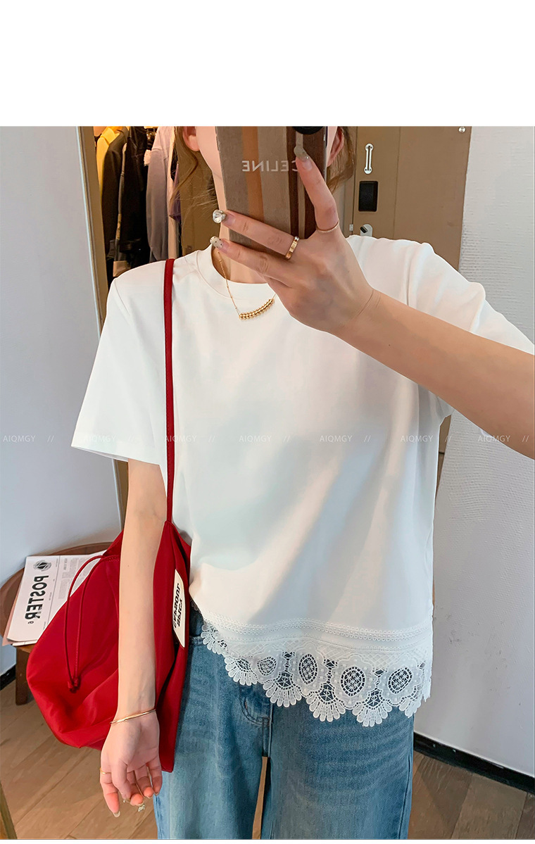A new loose top for women in the summer of 2025, featuring a white round-neck short-sleeved lace trim patchwork T-shirt pic 4