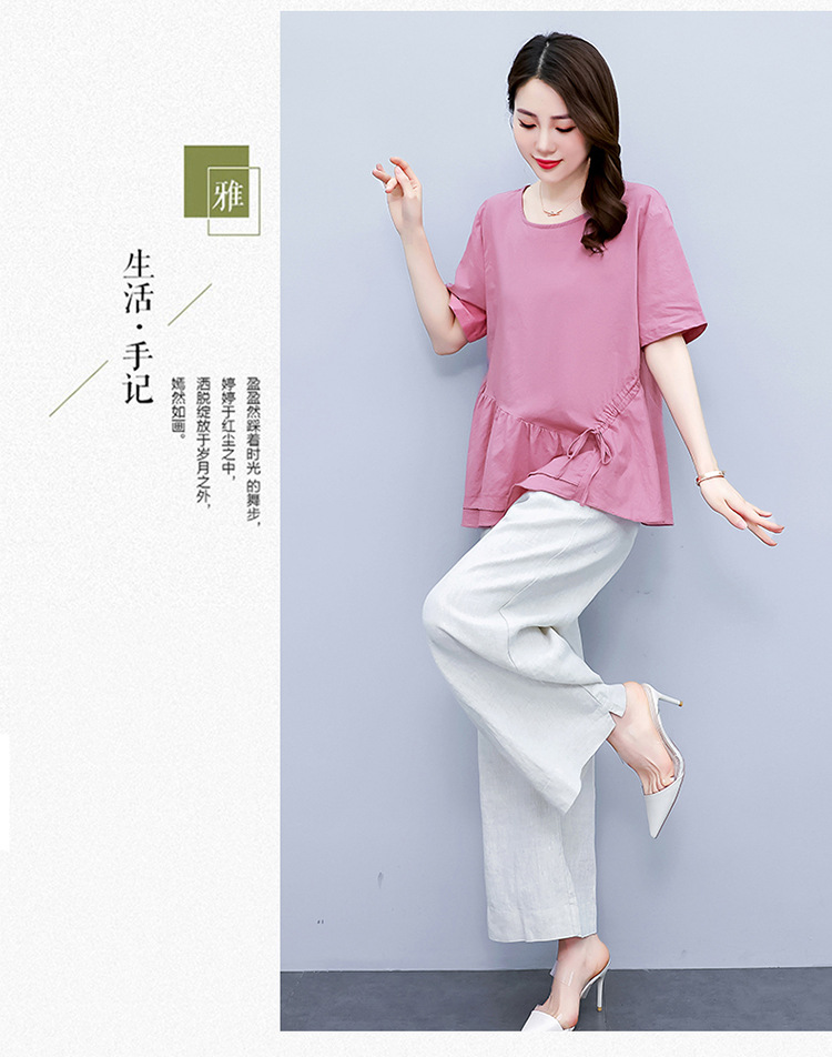 2022新款女装夏季两件套裤宽松大码上衣棉麻阔腿裤休闲时尚套装女详情12