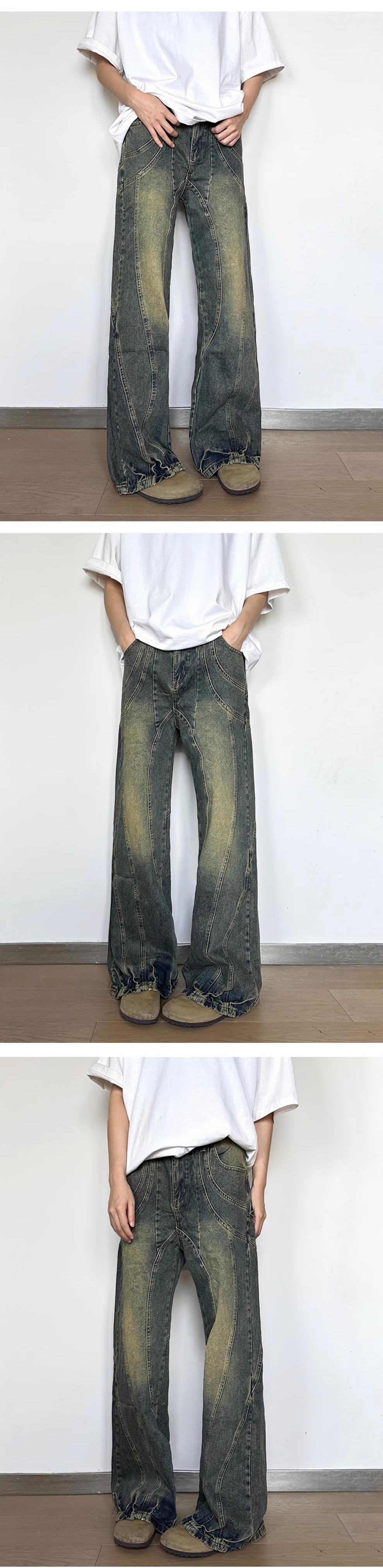 秋季美式潮牌复古牛仔裤男学生宽松黄泥染直筒裤水洗做旧阔腿长裤详情3
