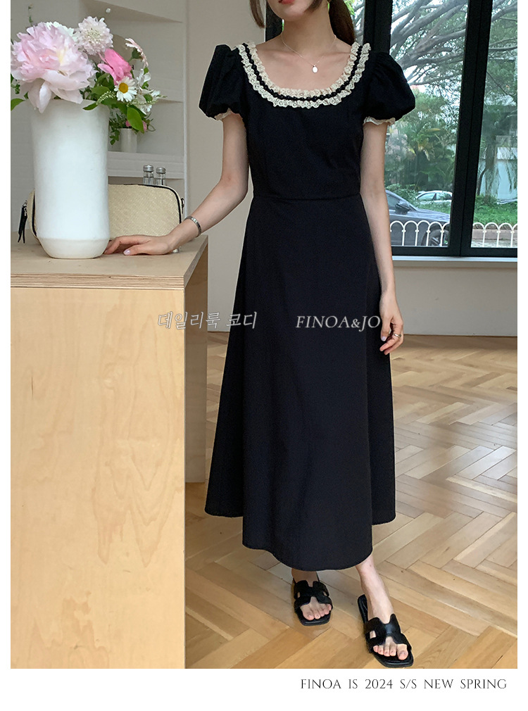 费挪 OLIVE十三行春夏新品法式优雅气质黑色蕾丝花边连衣裙2166详情13