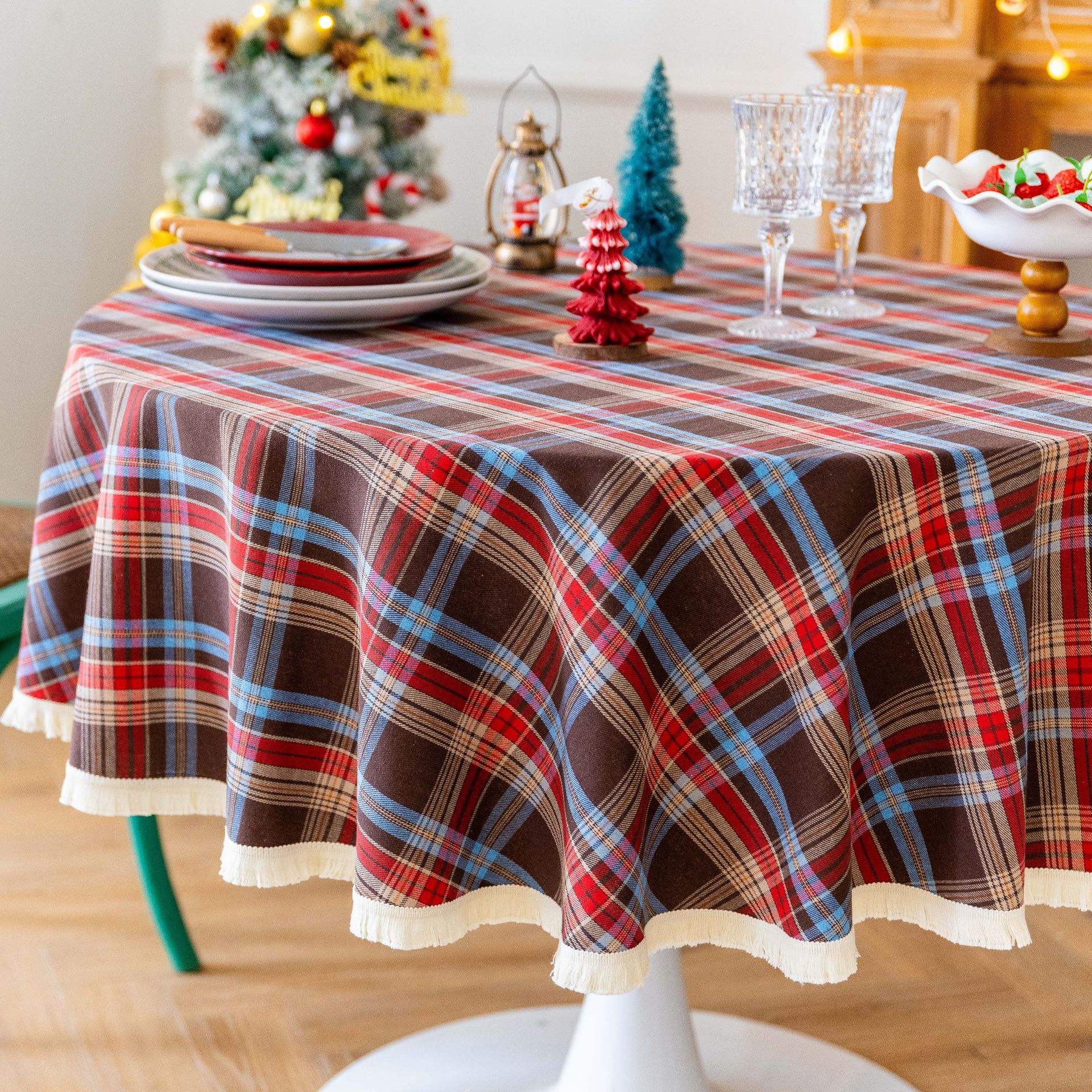 Tablecloth, coffee table, cotton and linen decorative table, ins style best-selling rectangular retro dining table, festive red Christmas checkered pic 23