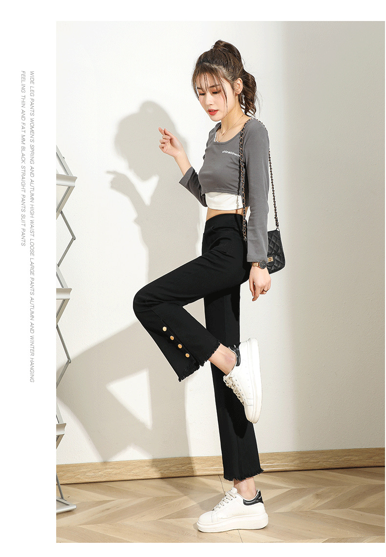 Irregular casual pants for women, thin high-waisted four-button flared pants, black slimming large-sized slit slightly flared pants pic 13