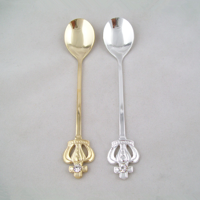 High-end stainless steel mirror-polished tableware, crown coffee spoon, retro dessert spoon, creative diamond mini tune, gold and silver set pic 1
