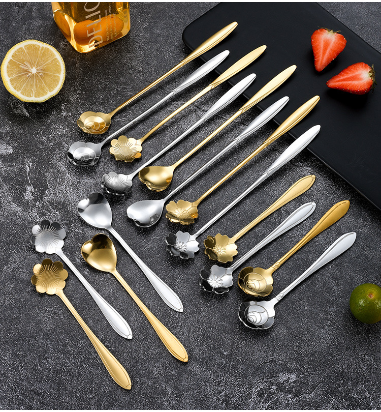 Wholesale stainless steel spoons, coffee spoons, tableware, dessert spoons, household seasoning spoons, golden cherry blossom spoons, mixing spoons, gifts pic 13