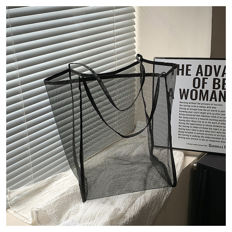 2024夏季新款购物袋纱网透明时尚单肩网纱沙滩包大容量网眼托特包详情64