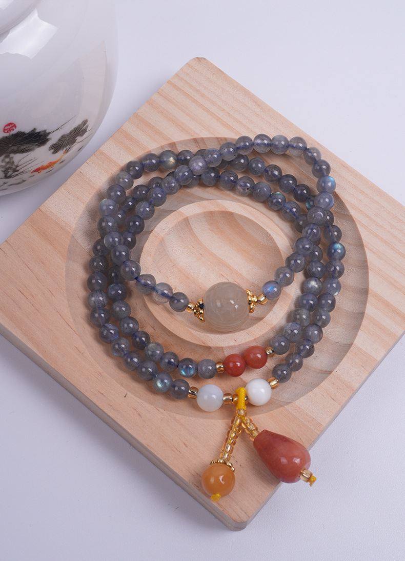 天然蓝月光多圈手链女新中式百搭水晶石猫眼石草莓晶吊坠批发手串珠子详情5