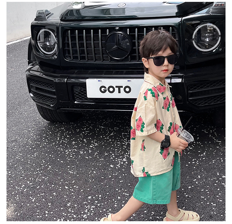 儿童衬衫2023童酷夏装韩版洋气宝宝上衣帅气玫瑰花满印男童衬衣潮详情15