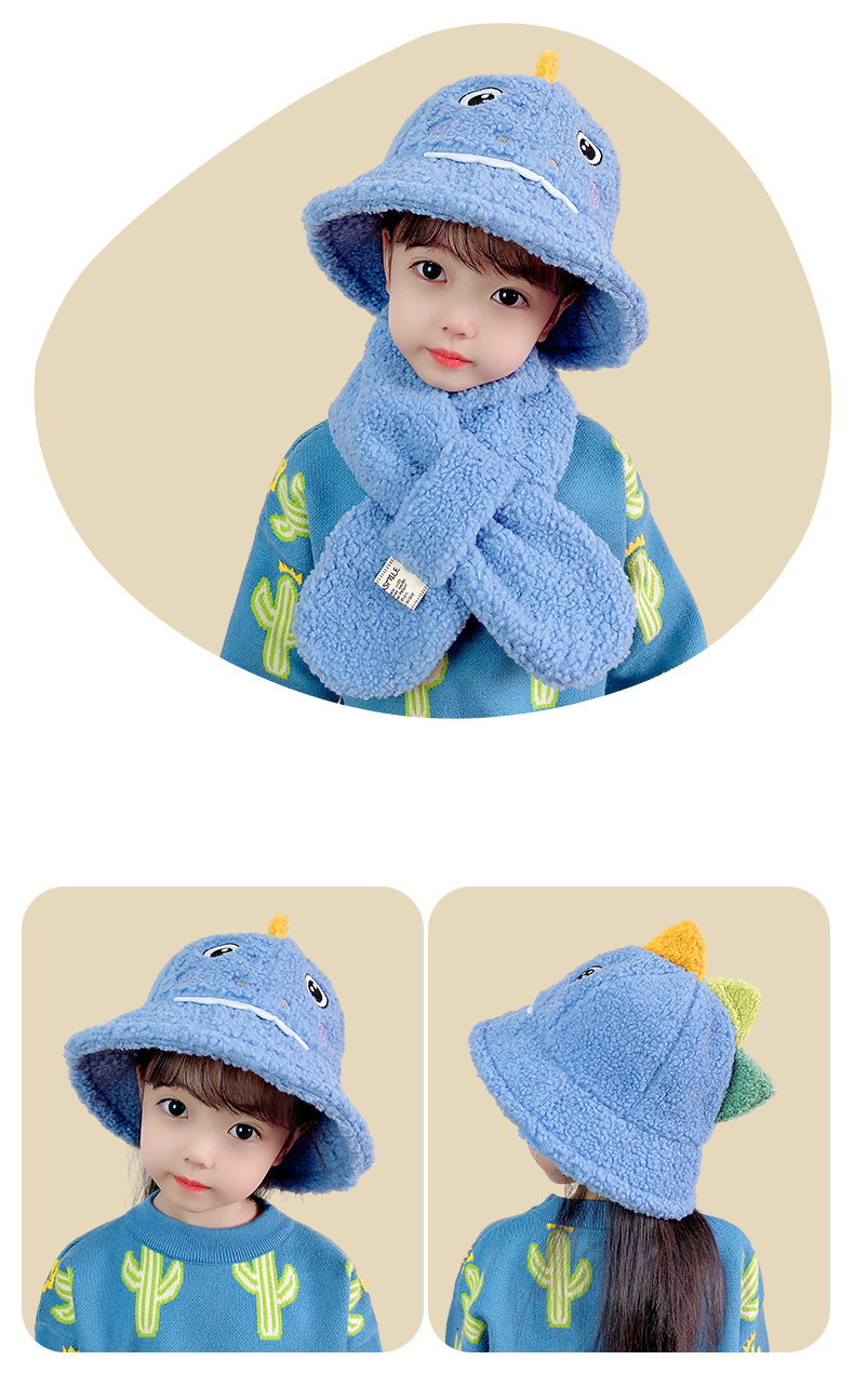 Versión coreana lindo dibujo animado dinosaurio invierno niños sombrero bufanda una mujer invierno caliente cuello bebé pescador sombrero pic 37