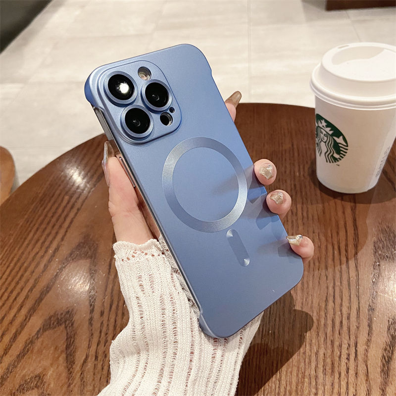 适用苹果15Promax无边框磁吸手机壳金属漆iPhone13镜头膜全包硬壳详情15