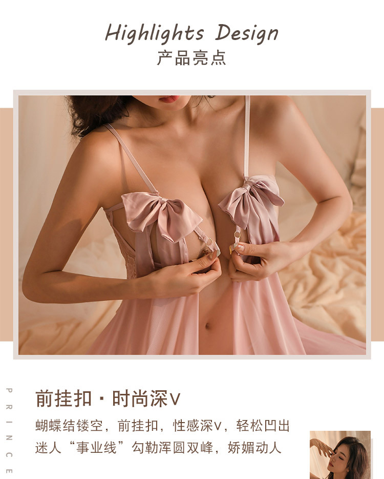 吊带情趣内衣性感镂空透视蝴蝶结开叉露背激情网纱睡裙详情4