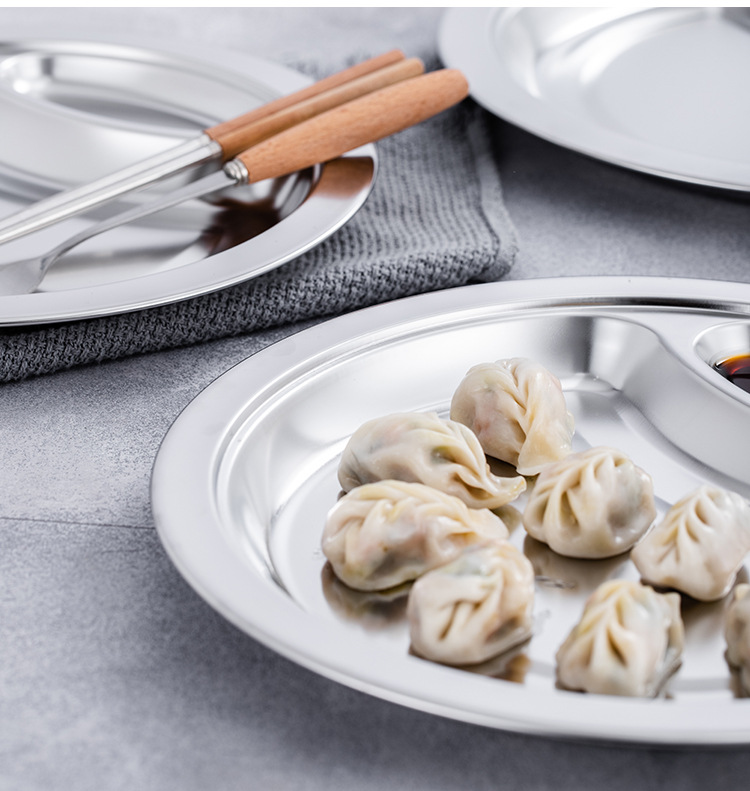 Non-magnetic dumpling plate, stainless steel fast food plate, hotel room dinner plate, household stainless steel dumpling plate with vinegar dish, cafeteria pic 15
