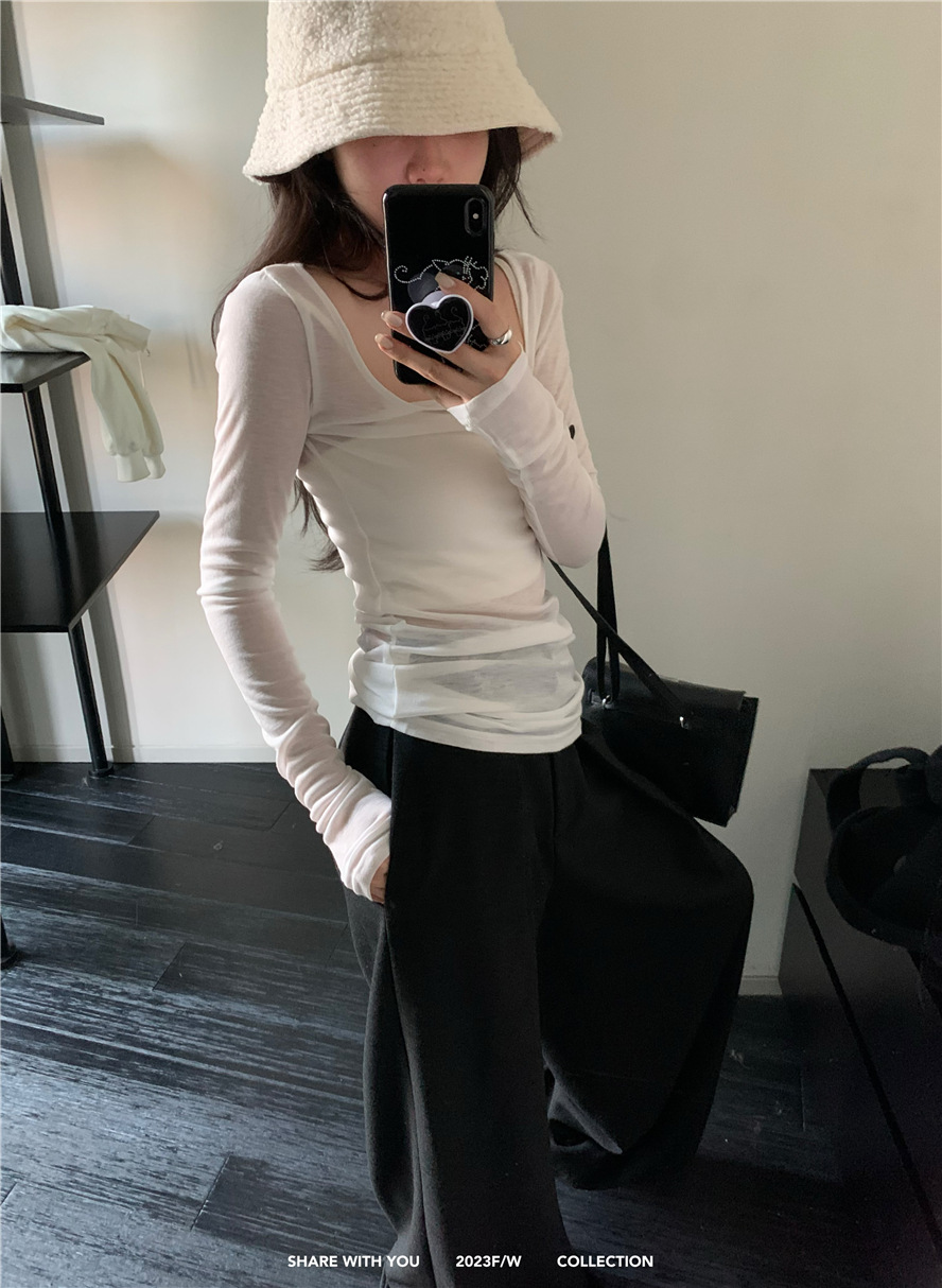 基础款纯色简约百搭舒适慵懒风薄款上衣U领打底衫内搭长袖t恤女详情20