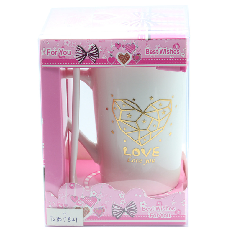 情人节陶瓷杯马克杯白底简约风格镀金心形设计带柄勺套装大容量水杯详情3