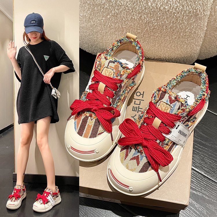 小众设计拼色帆布鞋女厚底休闲板鞋2023年新款春秋季韩版丑萌女鞋详情1