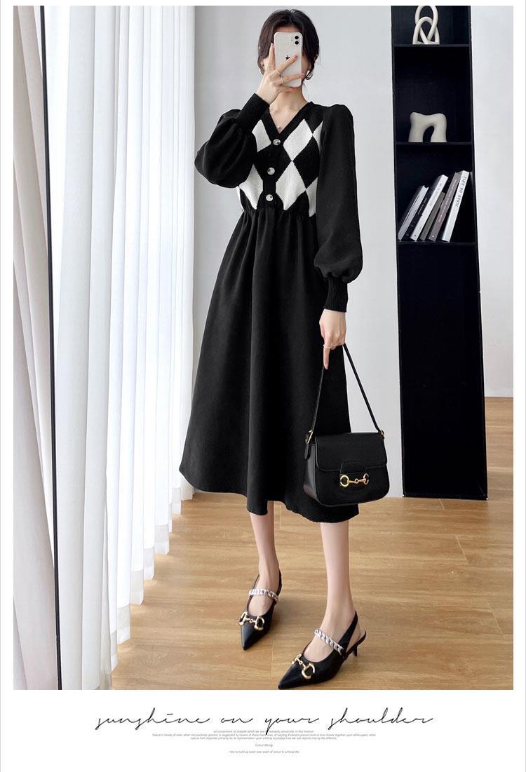 2022秋冬新款法式赫本风别致菱格v领针织拼接中长款收腰a字连衣裙详情17