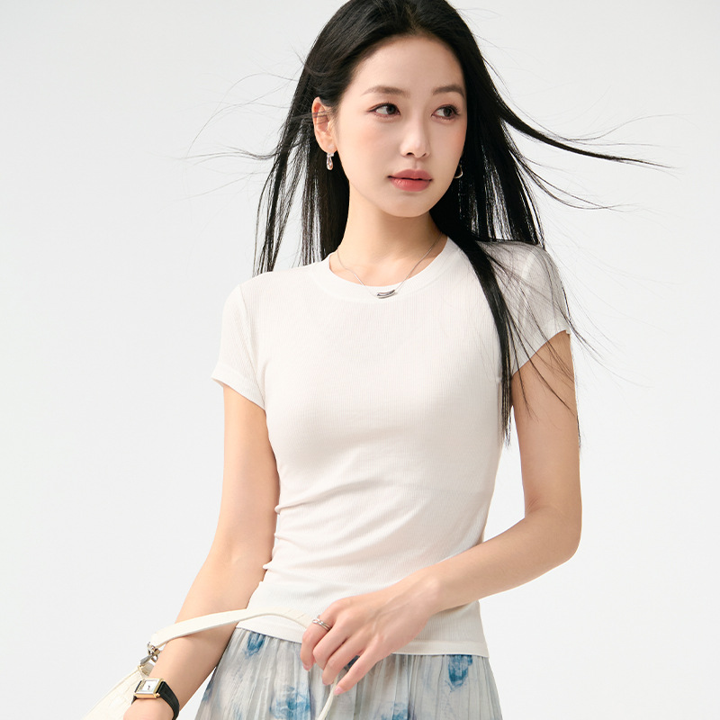 韩版简约针织短袖T恤女夏季新款小众设计感修身百搭圆领纯色上衣详情4