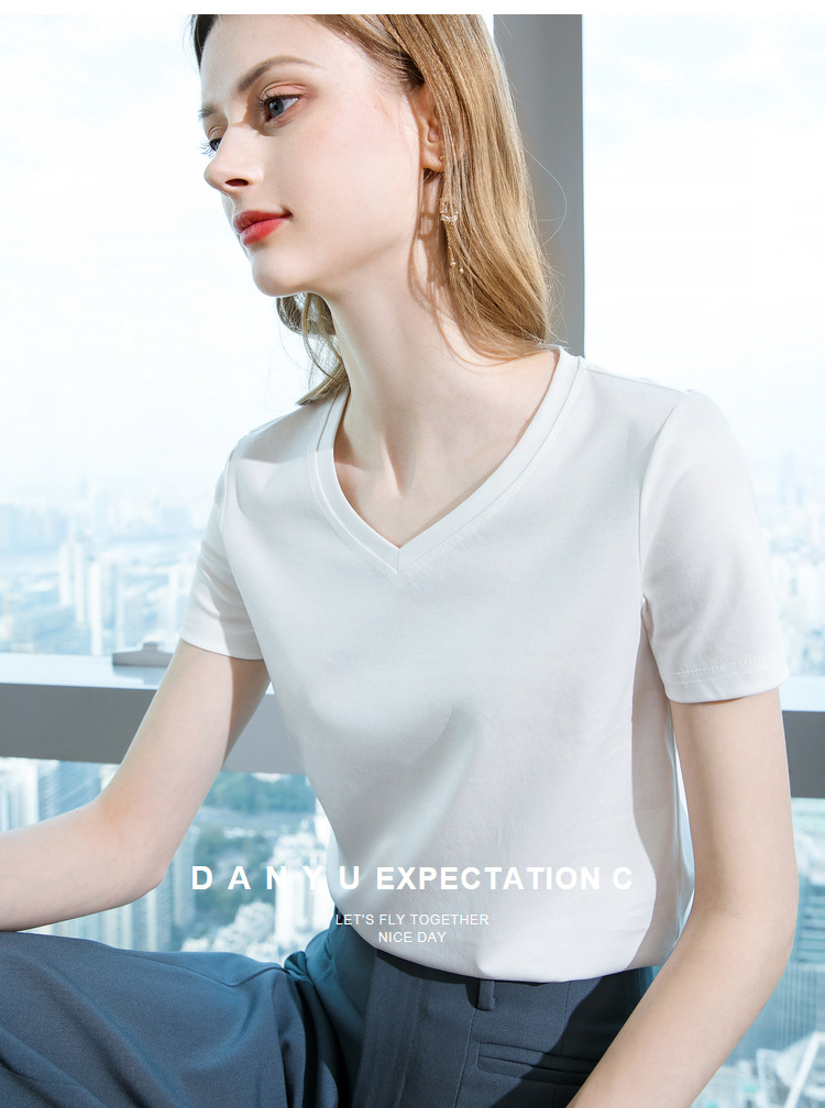冰感丝光棉短袖t恤女2024新款女装气质v领纯棉体恤纯色高级感上衣详情16