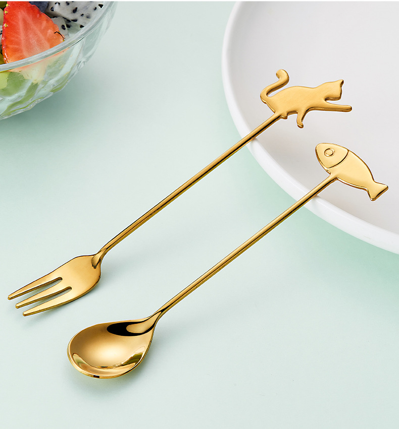 Cat Little Fish Dessert 304 stainless steel fork and spoon, Japanese small round handle hanging cup, cartoon cute coffee stirring spoon pic 29