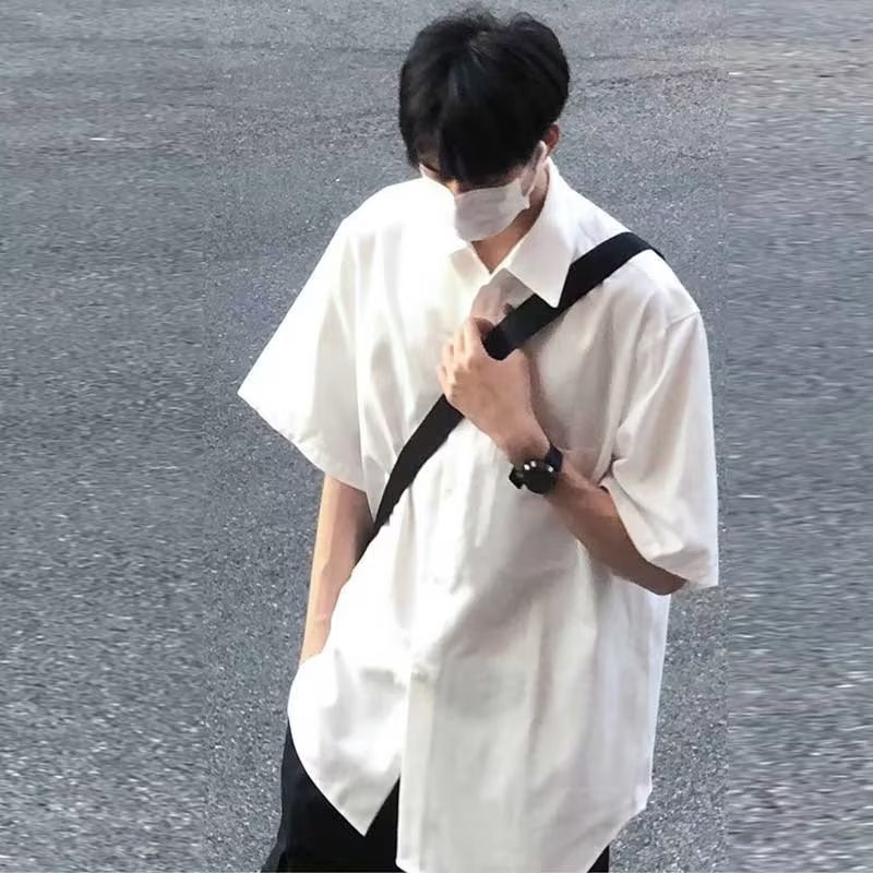 2023新款夏季痞帅宽松纯白色高级感衬衫男士短袖休闲衬衣一件代发详情3